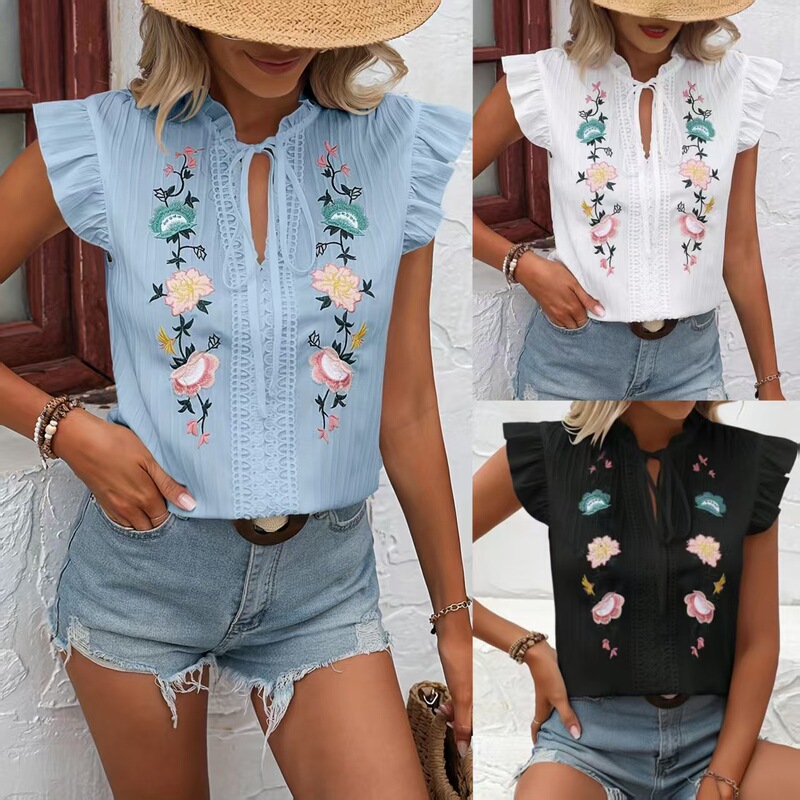 Amazon Independent Site Foreign Trade 2026 Summer New European and American Women's Clothing Cross-Border Short-Sleeved Embroidered Shirt for Women