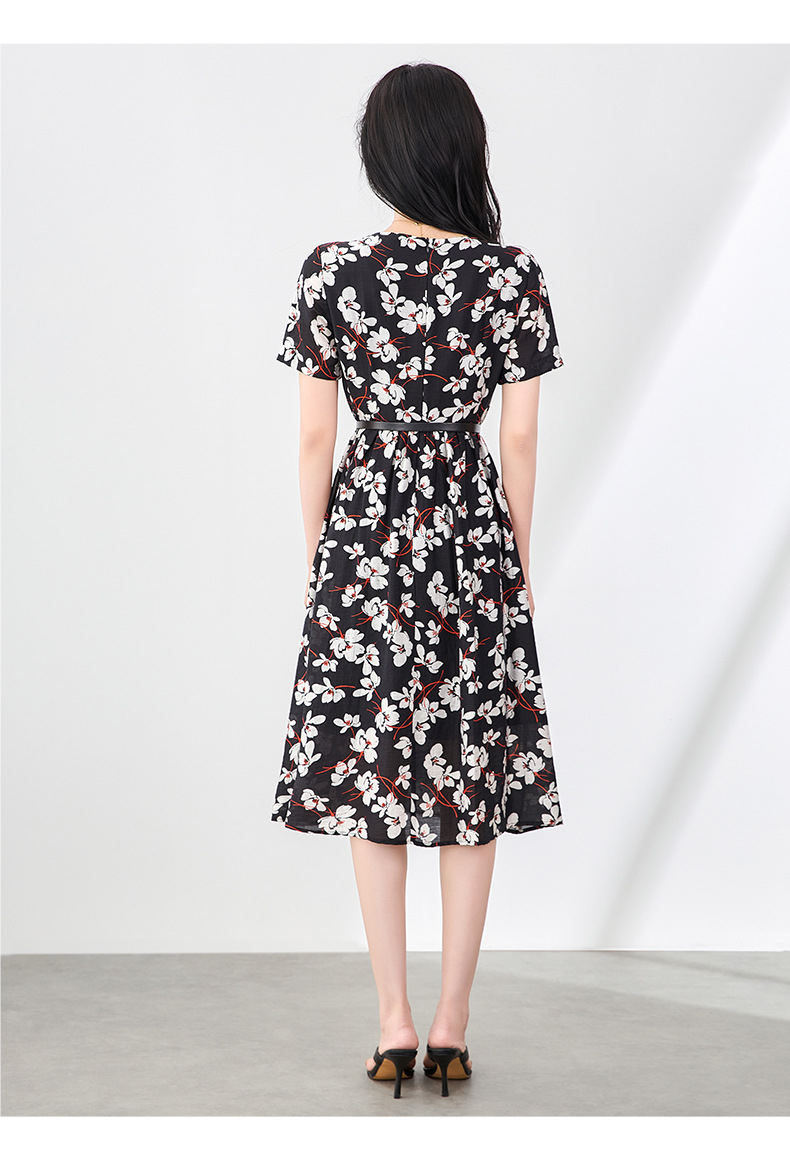 Váy maxi nữ tay ngắn thắt lưng chất liệu Tencel linen in họa tiết — Màu đen chi tiết 9
