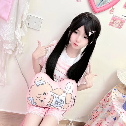 Bubble Bean Cold Thoughts Shaoluo Same Style Wig Female Long Hair Whitening Reducing Age Black Long Straight JK Sweet Full Headgear