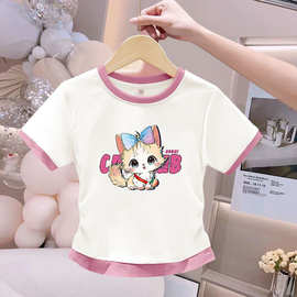 女童纯棉夏季宝宝T恤猫咪新款洋气儿童半袖短袖卡通上衣假两件套