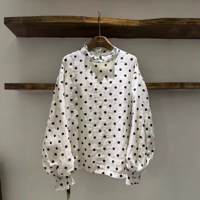 Vintage Polka Dot Double-Layer Ramie Blouse Versatile Lace Ruffle Top Shirt