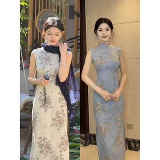 惜时花春夏2026新款气质拉链无袖蓝色印花显瘦改良旗袍修身连衣裙