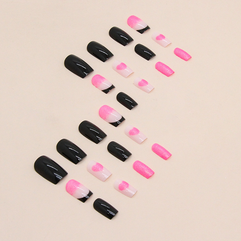 Canard mandarin noir de style européen, moyen à long, art avec dégradé de cœur rose, faux produits pour ongles_voghion.com