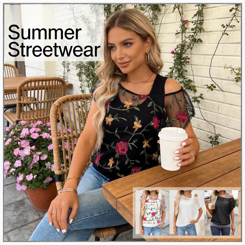 Cross-Border European and American 2026 Summer New Women's Clothing Lace Mesh Round Neck Short-Sleeved Fake Two-Piece Knitted Sweater Women's T-Shirt Cross-Border European and American 2026 Summer New Women's Clothing Lace Mesh Round Neck Short-Sleeved Fake Two-Piece Knitted Sweater Women's T-Shirt