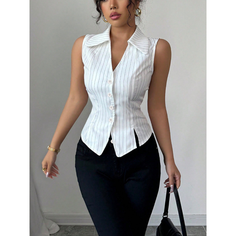 Cross-Border Foreign Trade Women's Clothing 2025 Summer New Style European and American Style Striped Sleeveless Shirt Slim Fit Shirt Cardigan Top Cross-Border Foreign Trade Women's Clothing 2025 Summer New Style European and American Style Striped Sleeveless Shirt Slim Fit Shirt Cardigan Top