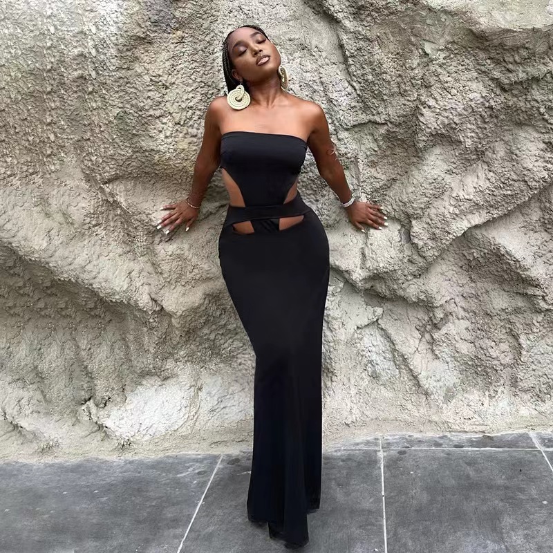 Fashion Sexy Strapless Hollow Out Cutout High Slit Bodycon Evening Dresses For Women_ecoleips.com