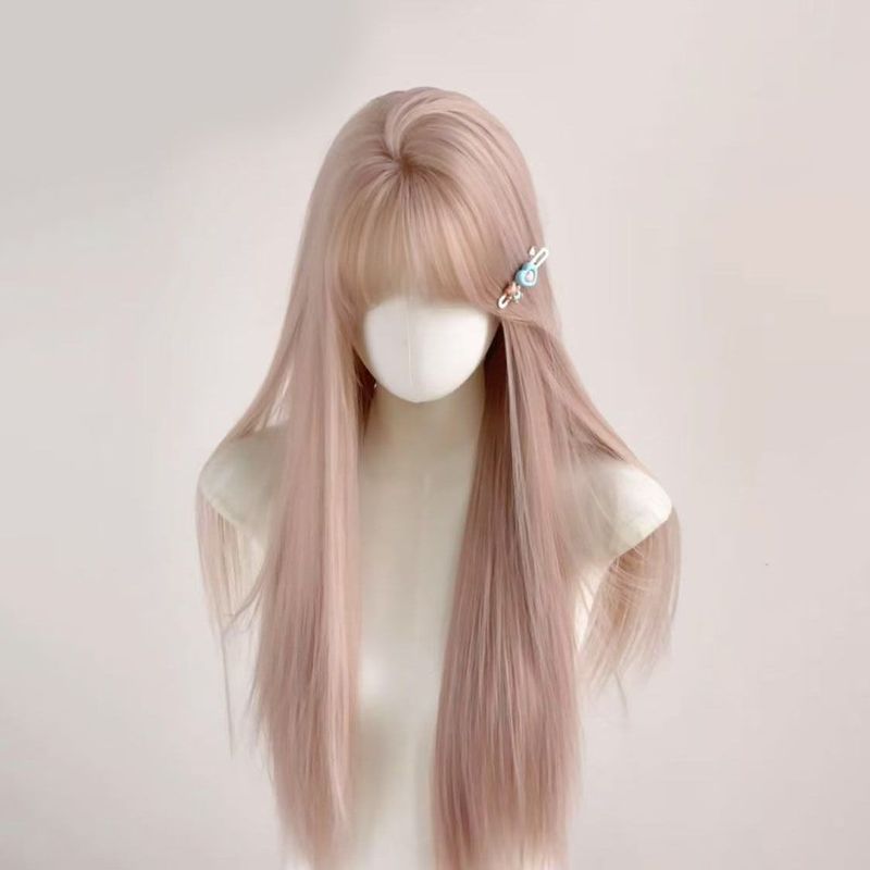 【Spring Colors】Gray-Pink Wig for Women with an Atmospheric Vibe, Air Bangs, Long Straight Hair, Light-Colored Full-Head Style