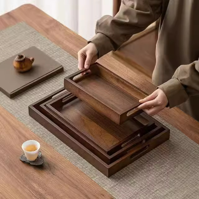 Nuevo estilo chino bambú madera rectángulo comedor hogar comercial té, café, bocadillos para el desayuno, bandeja simple de frutas secas