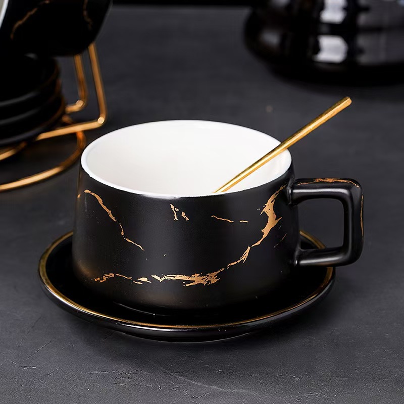 Juego de tazas y platillos de cerámica con patrón de piedra retro, tazas de café exquisitas de alta gama, té de la tarde en casa, tazas de latte francés de alto valor