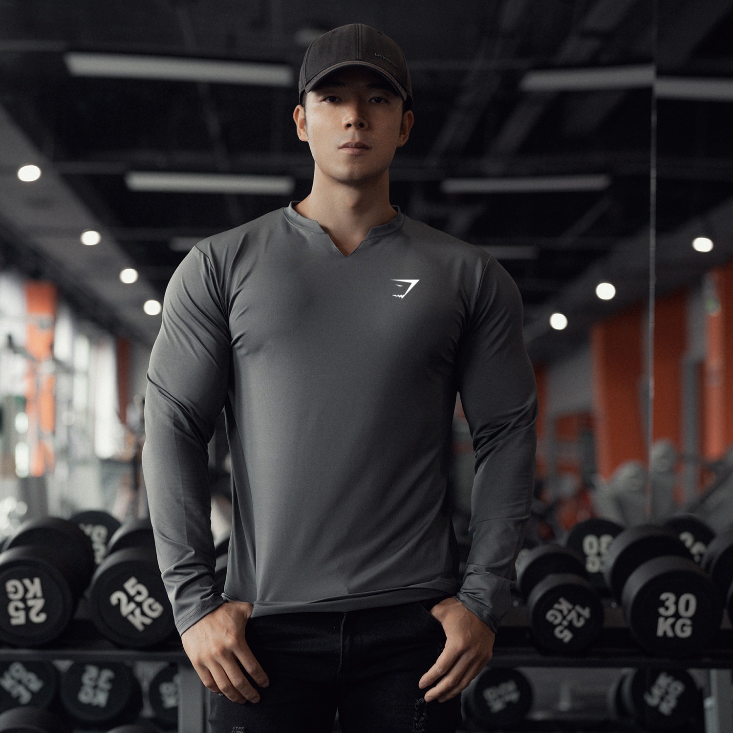 Gymshark Fitness Sports Men's V Neck Elastic Breathable Quick-Drying Autum Muscle Training Casual Long-Sleeved T-Shirt
