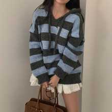 已出货尺码更新韩国chic冬季新款复古条纹连帽宽松长袖毛衣女装