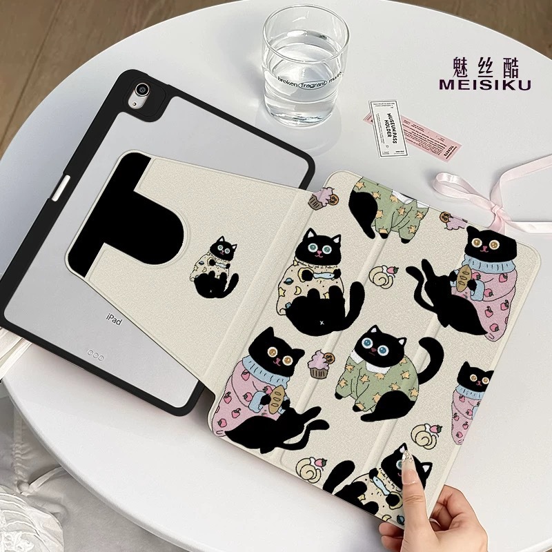 720°三折款ipad保护套 带笔槽三折支架可旋转 可爱黑猫 一件代发|undefined