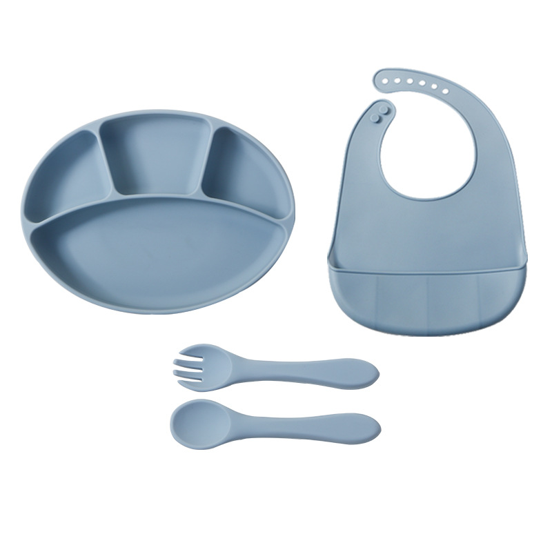 분할 접시 턱받이 포크 스푼 + 블루