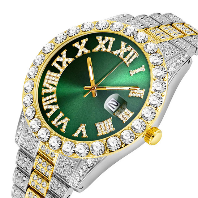 Europa y América nuevo estilo agua fantasma grande rhinestone diamante reloj de los hombres escala romana calendario hip hop reloj de los hombres reloj de oro verde completo reloj de diamantes