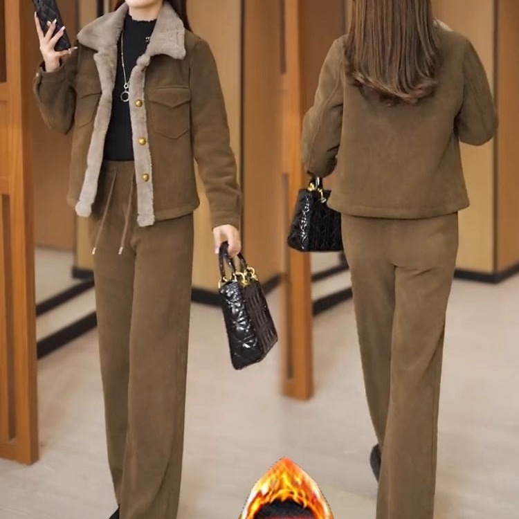 灯芯绒加绒加厚套装女2025新款秋冬时尚直筒裤休闲保暖两件套|undefined
