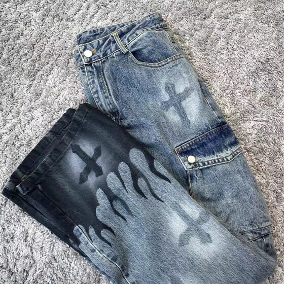 High Street Trendy Brand Cross Washed Jeans Men's Autumn and Winter Design Niche Straight Wide Leg Pants Drop Shipping
