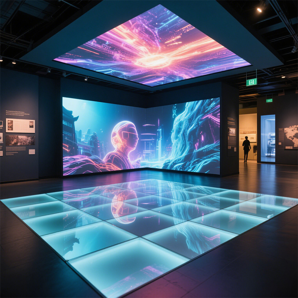 Pantalla LED inmersiva holográfica interior resistente al desgaste resistente al arañazo piso de inducción de alta carga L plataforma pantalla interactiva HD