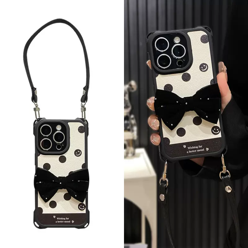 爆款圆点笑脸皮纹适用苹果16promax手机壳防摔四角挂绳iPhone15壳