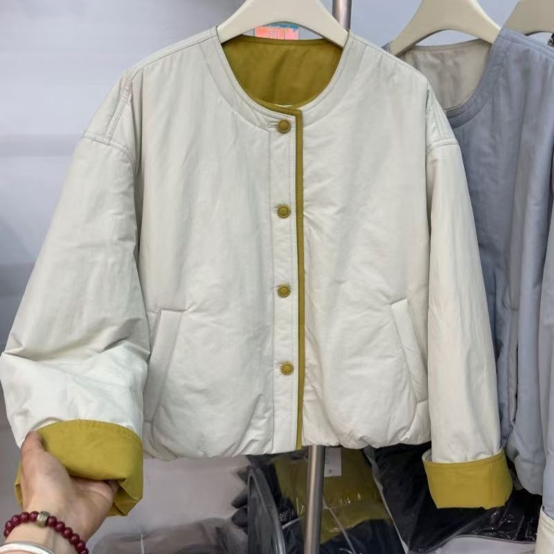 秋冬新款韩系撞色棉服外套时尚百搭洋气短款宽松圆领棉衣上衣黑色