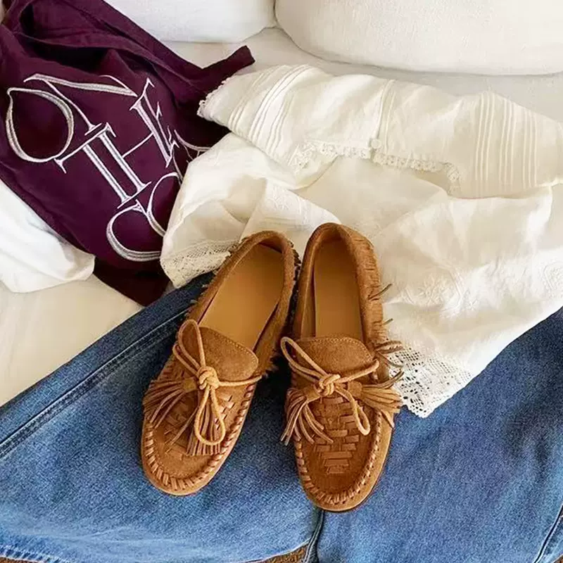 2025秋季新款复古流苏乐福鞋女一脚蹬平底软皮豆豆单鞋百搭休闲鞋