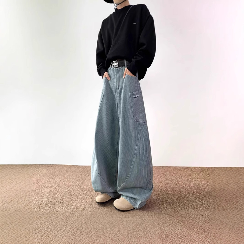 Blue Striped Jeans Men's Couple's Casual Multi-Pocket Machete Covers American Style Retro Loose Trousers Blue Striped Jeans Men's Couple's Casual Multi-Pocket Machete Covers American Style Retro Loose Trousers
