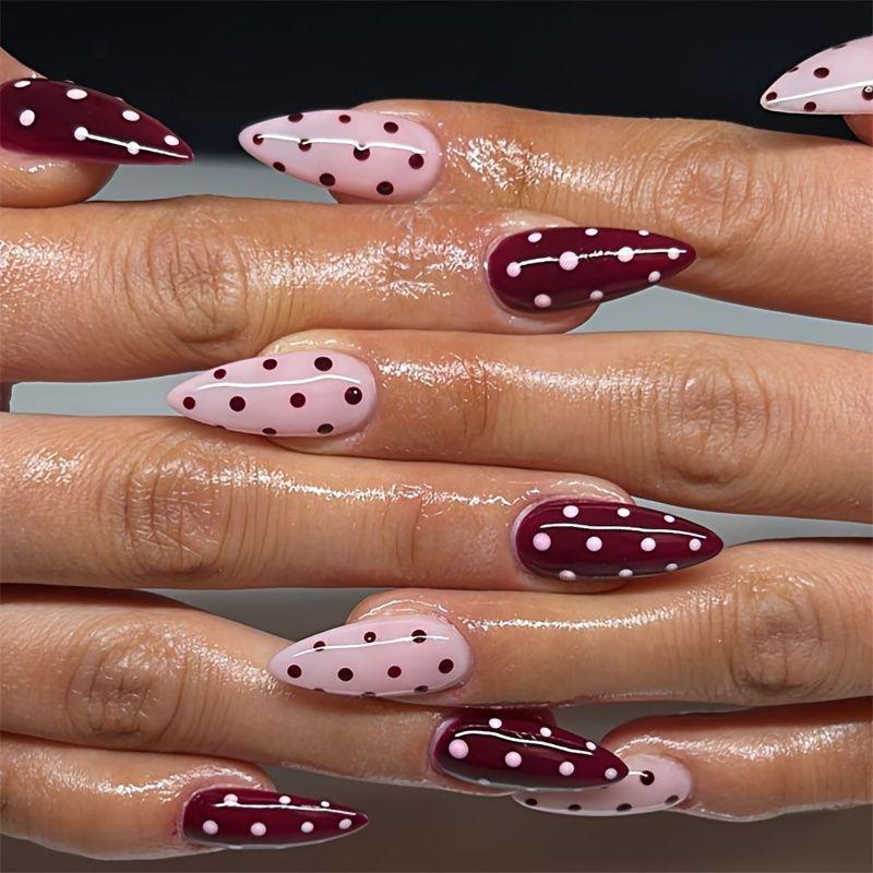 Long Almond Nails Red Polka Dot Wearable Fake Nails Cross-Border Foreign Trade Hot-Selling Manicure Contrasting Color Polka Dot Manicure