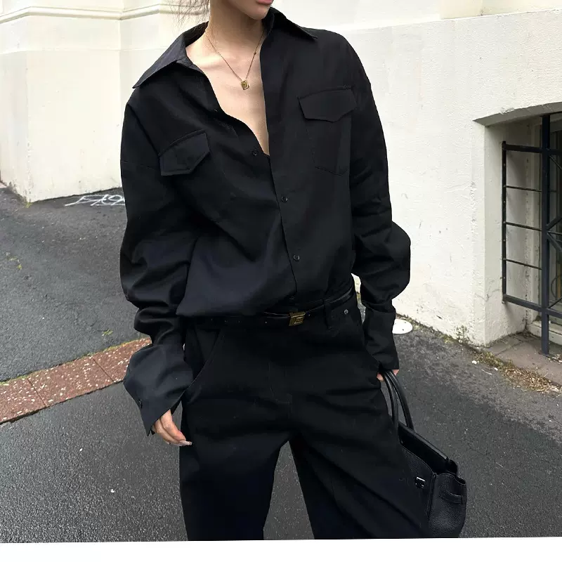 0122ste暗线精英 黑色天丝衬衫女辣妹宽松慵懒显瘦长袖外套2025秋