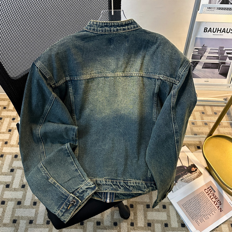 Small Niche Deconstructive Design Denim Jacket met schoudervullingen, vintage gewassen kort jasje voor heren_voghion.com