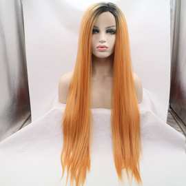 跨境外贸 工厂直销前蕾丝渐变南瓜橘女长直发 哑光高温丝化纤假发
