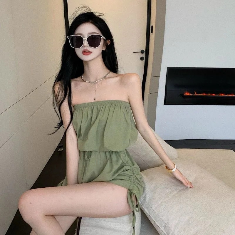 Sexy Hot girl tube top jumpsuit women's lace-up pleated wide-leg pants summer thin waist-tight loose shorts solid color pants