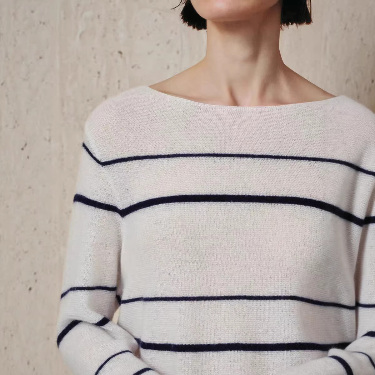 Silk cashmere striped casual knit sweater, mulberry silk cashmere base layer women's top, spring and autumn style.