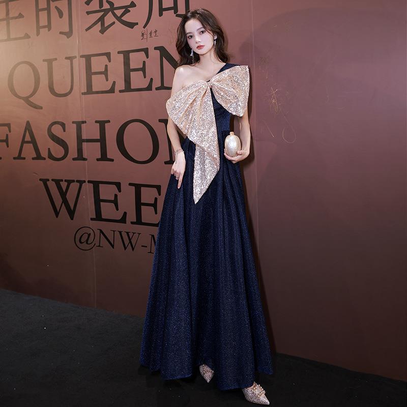 Vestido de noche azul marino para mujer 2025, nuevo, sexy, con lazo, para banquete, elegante, para anfitriona, reunión anual