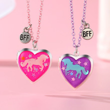 跨境热卖相盒项链爱心亮片独角兽豹纹可打开放相片情侣闺蜜好朋友