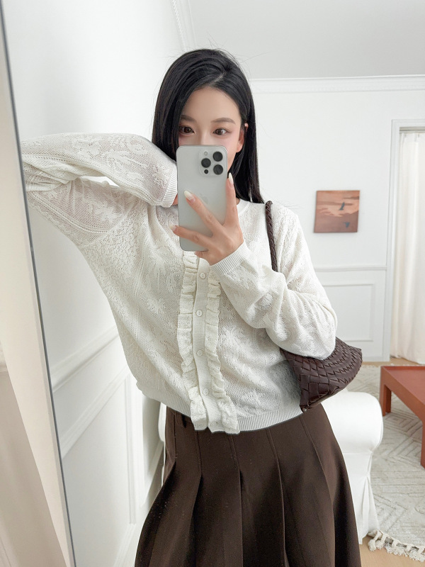 MD25秋冬法式蕾丝提花长袖镂空针织开襟衫女白色开衫 05795931712|undefined