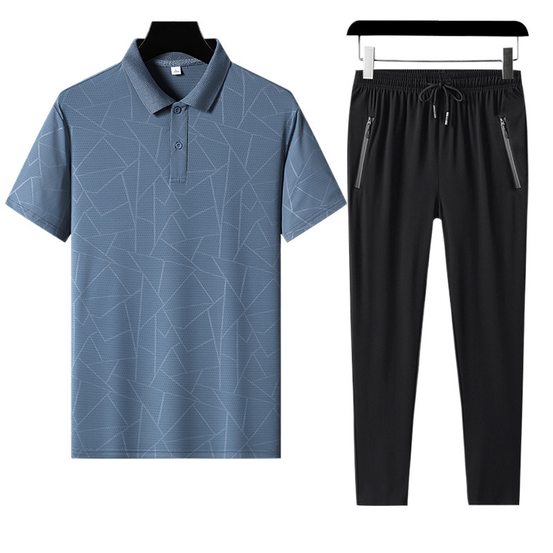 Traje deportivo para hombres de verano de mediana edad casuales de hielo de manga corta polo camiseta pantalones largos grandes secado rápido dos piezas