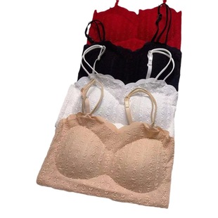 Korean Style Lace Collar Tube Top Sling Women's Sexy Thin Shoulder Strap Pleated Lace Beautiful Back Vest with Chest Pad Gather-up Underwear
