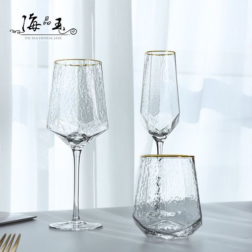 Light luxury diamond hammered goblet champagne glass crystal glass red wine glass gold rim wine glass set foreign wine glass wholesale
