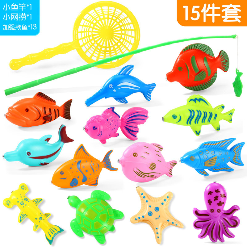 15 조각 세트: 13 물고기, 1 막대, 1 그물