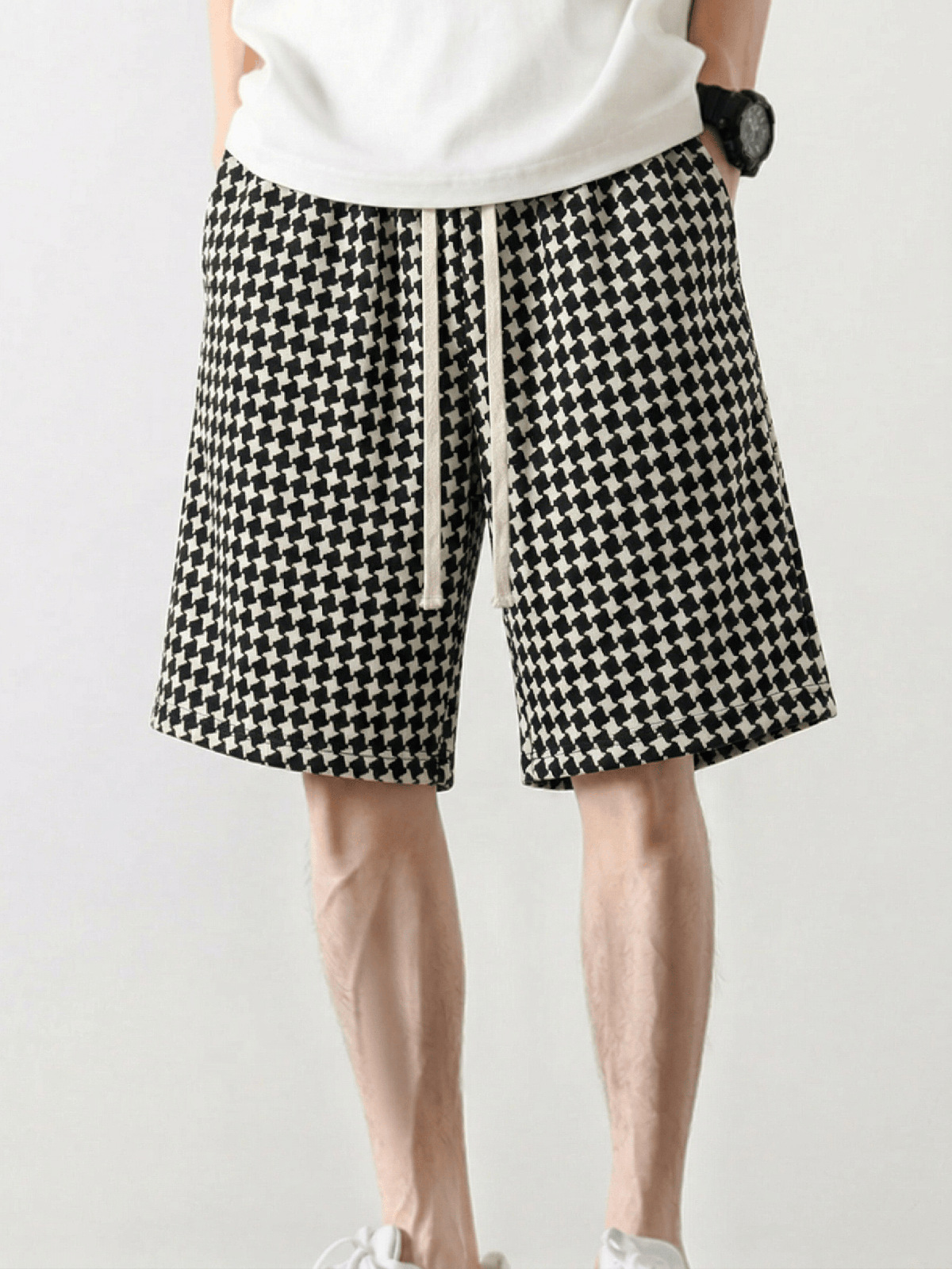 Men's Houndstooth Print Shorts Summer Thin Style Casual High Street Retro Loose Straight Leg Five Pocket Pants_viptrois.com