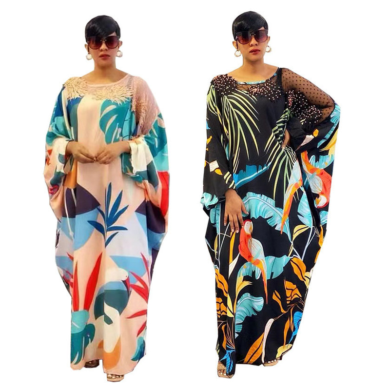 Special Offer: Digital Print Patchwork Mesh Fabric Batwing Sleeve Beaded Loose Round Neck Long Robe Plus Size Women's Dress Special Offer: Digital Print Patchwork Mesh Fabric Batwing Sleeve Beaded Loose Round Neck Long Robe Plus Size Women's Dress