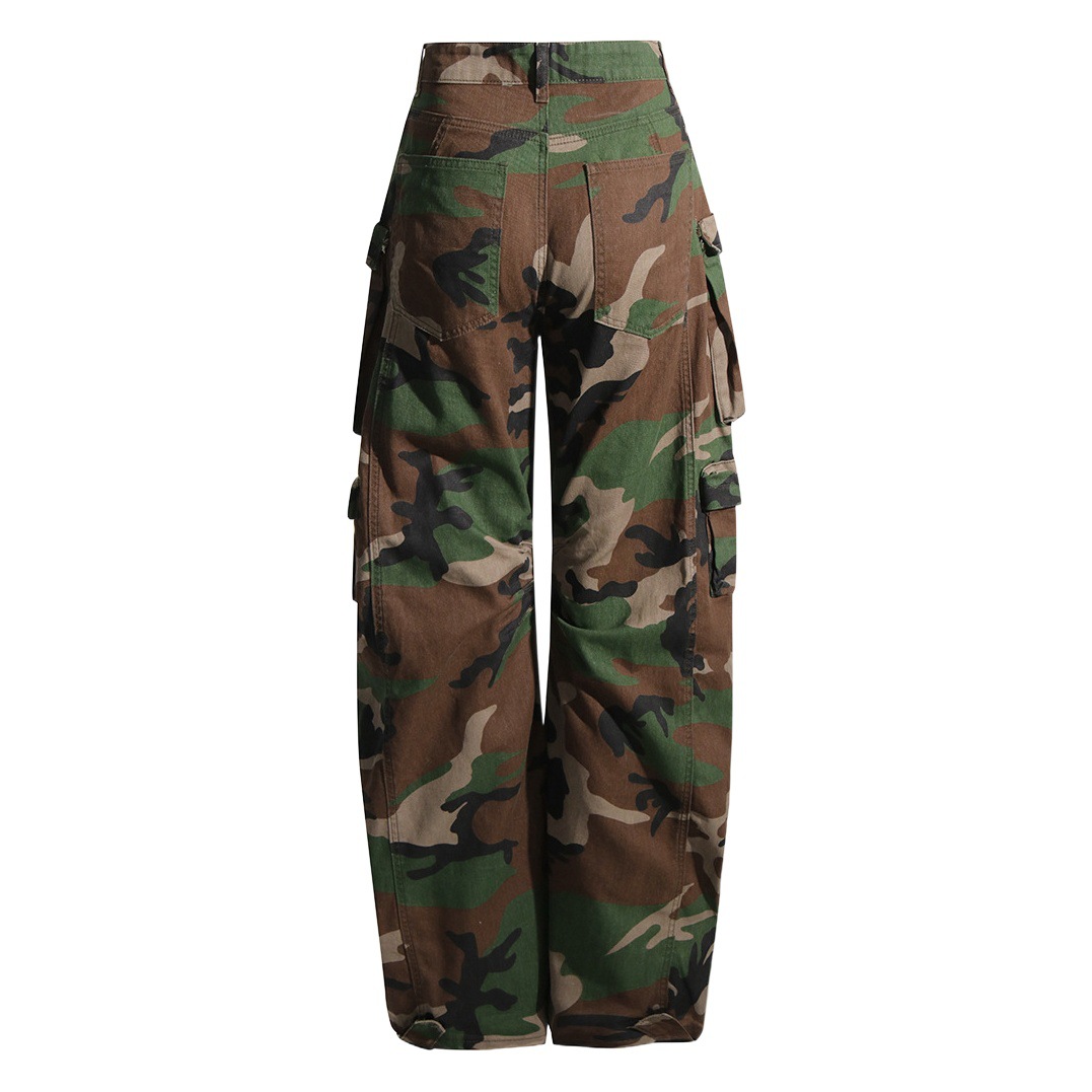 Pantalones cargo de camuflaje estilo 2025 con múltiples bolsillos, estilo urbano moderno, jeans largos de cintura alta y efecto adelgazante para mujer, otoño.
