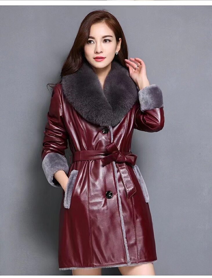 Áo khoác da nữ dáng dài ôm eo có cổ lông, lót lông cừu giữ ấm mùa đông — Màu đen, Màu đỏ rượu chi tiết 2