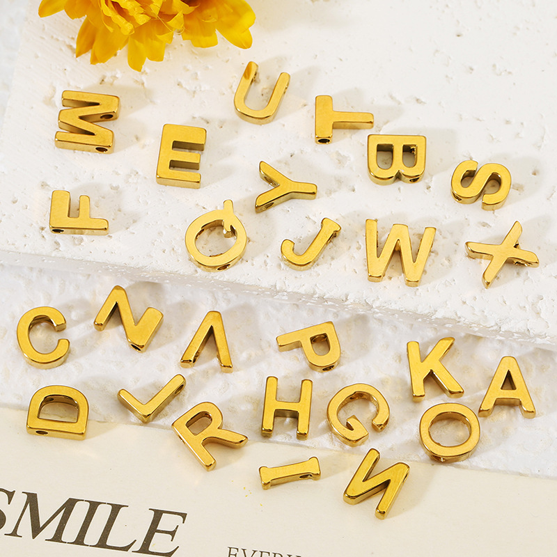 Stainless Steel Polished 26 English Alphabet Small Hole Beads, Vacuum Plated with 18K Gold, DIY Perforated Letter Pendant Accessories Stainless Steel Polished 26 English Alphabet Small Hole Beads, Vacuum Plated with 18K Gold, DIY Perforated Letter Pendant Accessories