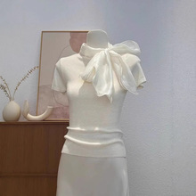 韩版蝴蝶结绑带短袖针织T恤女夏季2025新款修身独特绝美气质上衣