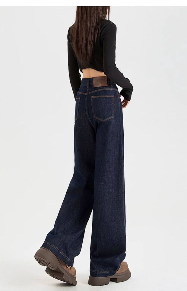 Quần jean nữ ống đứng cạp cao lót lông cừu màu xanh denim, form suông tôn dáng — Kiểu dài màu xanh đậm, Màu xanh đậm chín điểm, Màu xanh đậm kéo dài, Kiểu dài nhung dày màu xanh đậm chi tiết 17
