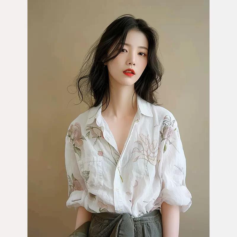 個性的なデザインが美しいプリント柄の綿麻トップス レディース 春秋 フレンチスタイル 高級リネン 白シャツ|undefined