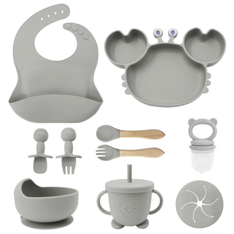 Plato de silicona para niños set de cangrejo para bebés alimentando bacon portátil para comer tenedor cuchara set de bolos de alimentos suplementarios