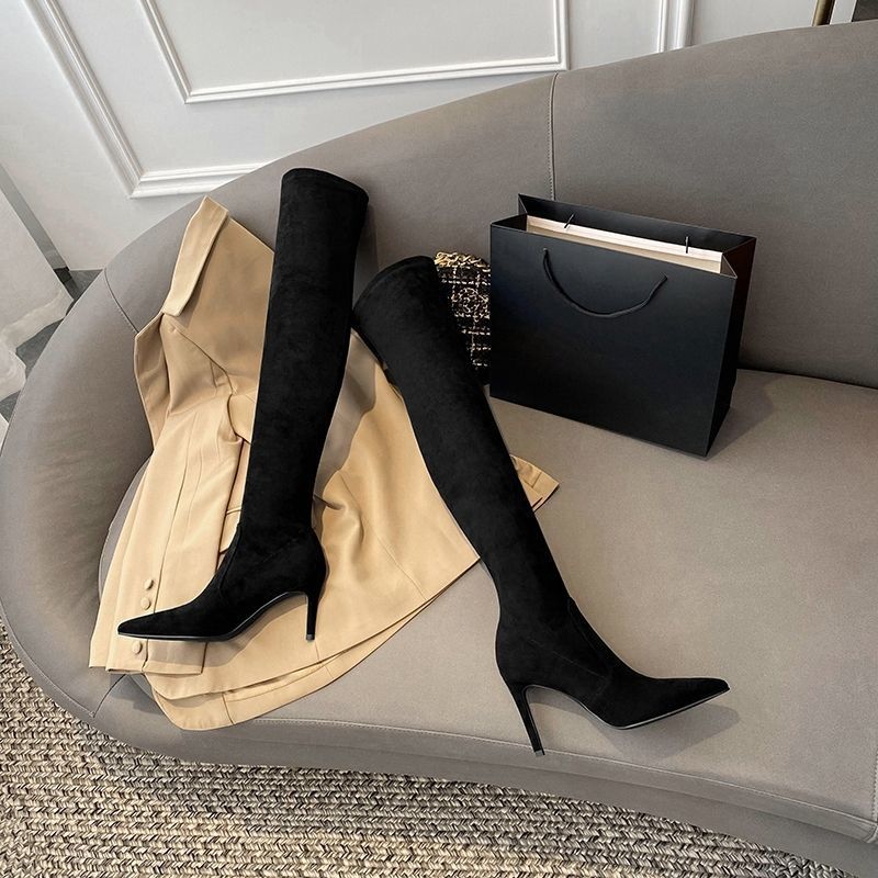 过膝长靴女2025年新款秋冬季高筒靴子弹力尖头长筒靴子细跟高跟鞋
