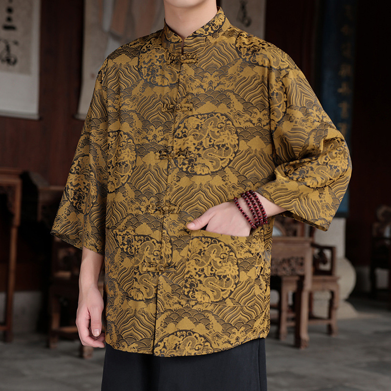 New Chinese Tang Suit Men's Hanfu Jacquard Shirt Men's Summer Thin Loose Button-Down Shirt Chinese Style Three-Quarter Sleeve Top