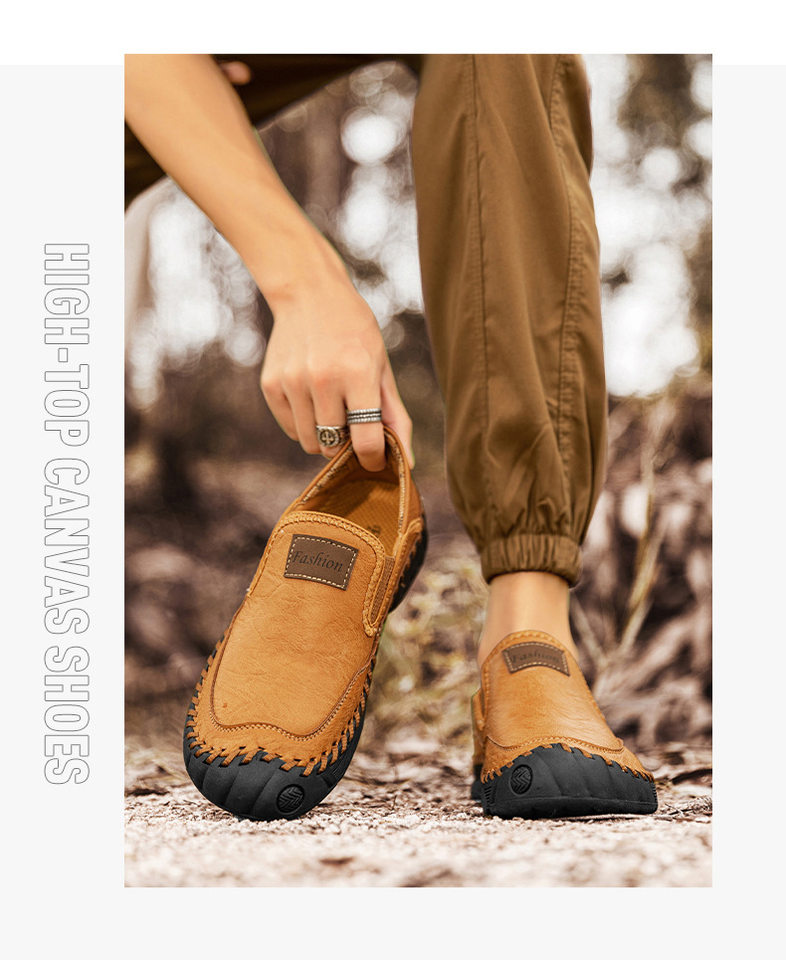 Giày lười nam da PU cỡ lớn khâu tay, đế bằng, mũi tròn, phong cách thời trang — 92015 kaki, 92015 màu vàng nâu, 92015 màu đen chi tiết 16
